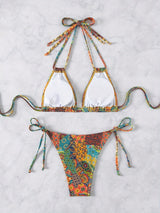 2 Piece Set Triangle Halter Tie Strap Bikini Swimsuit With Shoulder Strap Allover Printed Retro Bohemian Style Swimsuit For Women