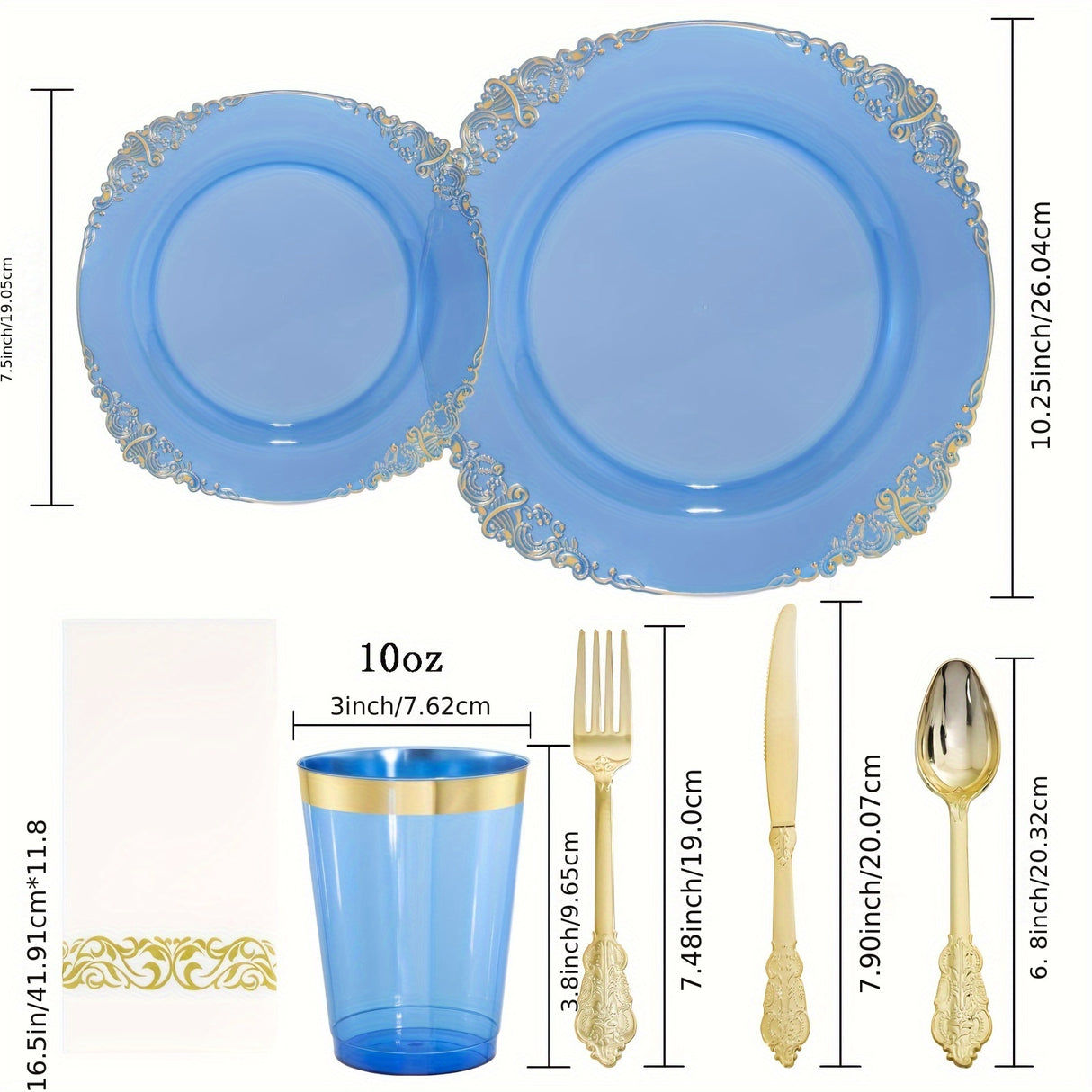350PCS Blue Plastic Plates - Blue Plastic Dinnerware Sets for 50 Guests - 100 Blue Disposable Party Plates, 150Gold Plastic Silverware, 50Cups, 50Napkins for Wedding & Party