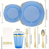 350PCS Blue Plastic Plates - Blue Plastic Dinnerware Sets for 50 Guests - 100 Blue Disposable Party Plates, 150Gold Plastic Silverware, 50Cups, 50Napkins for Wedding & Party