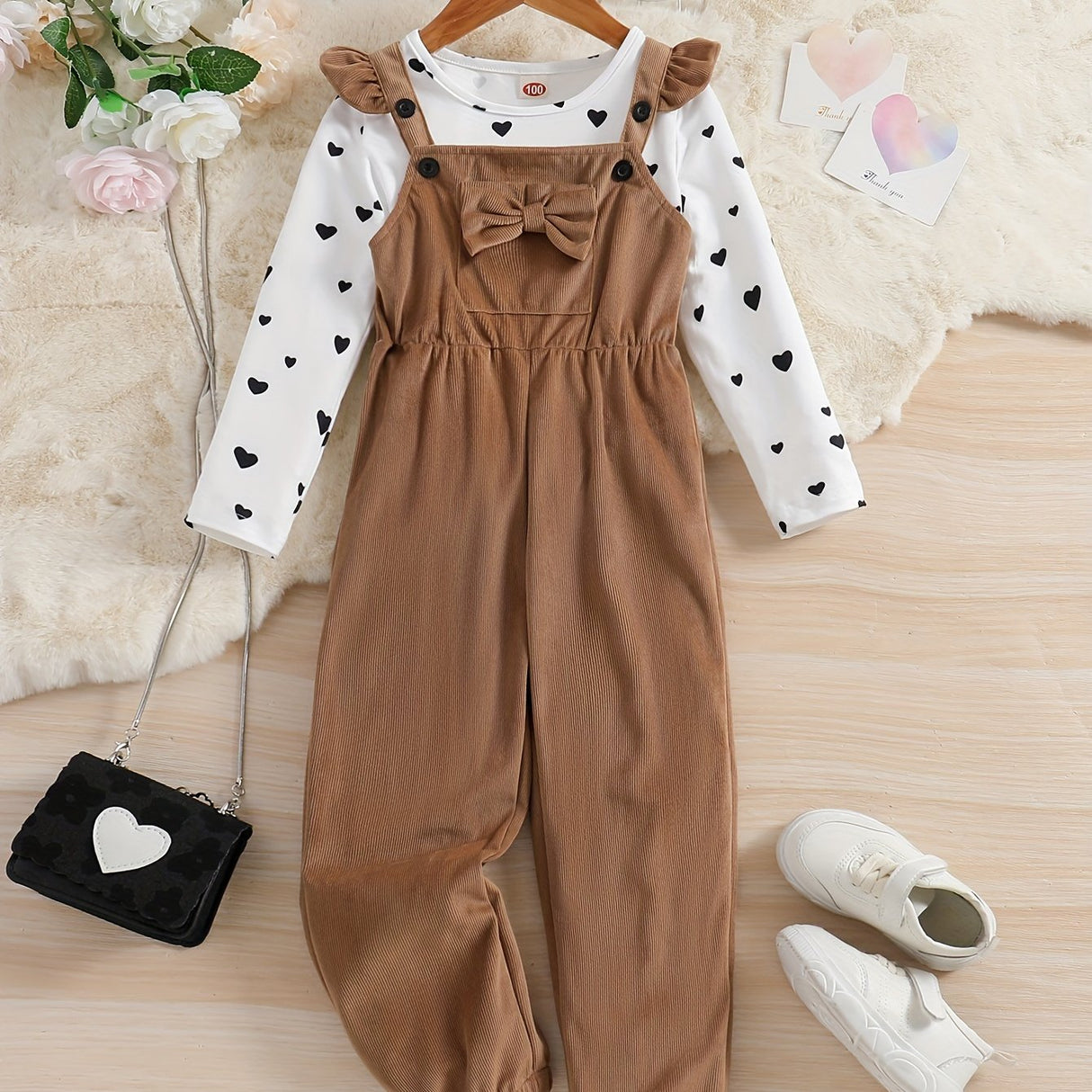 Girl's 2pcs, Bowknot Decor Corduroy Overalls & Heart Allover Print Top Set, Casual Outfits, Kids Clothes For Spring Fall