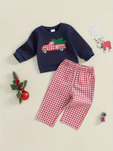 Toddler Boys Christmas Outfits Santa/Truck Embroidery Long Sleeve Sweatshirts and Plaid Long Pants 2Pcs Clothes Set