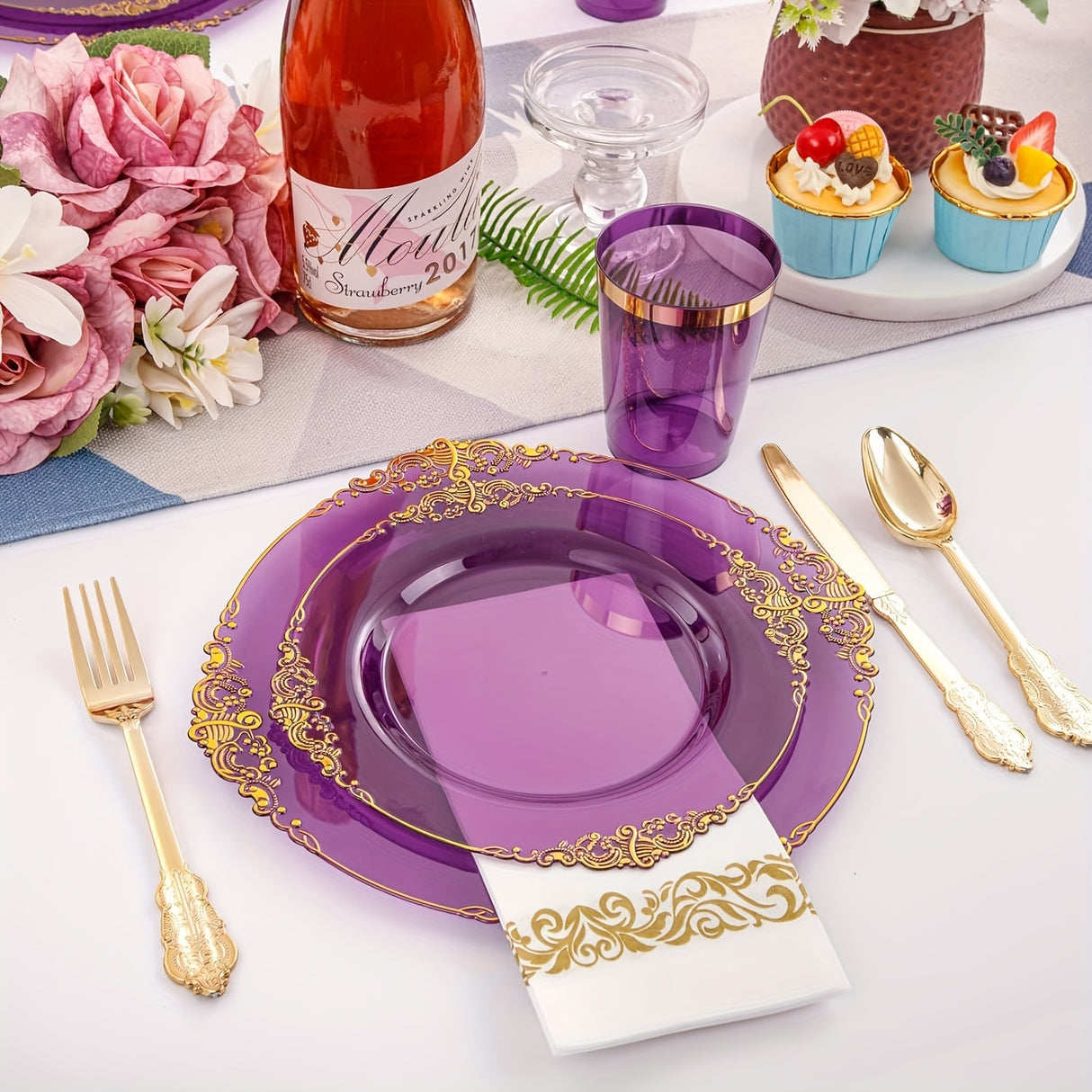 350PCS Pink and Golden Plastic Plates - Pink Plastic Dinnerware Sets for 50 Guests - 100 Pink Disposable Plates, 150 Golden Plastic Silverware, 50 Cups, 50 Napkins for Wedding & Mother's Day