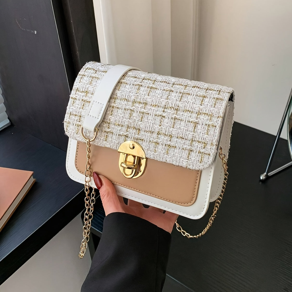 Fashion Tweed Chain Crossbody Bag, Mini Chain Square Purse, Trendy Turn Lock Shoulder Bag For Women