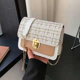 Fashion Tweed Chain Crossbody Bag, Mini Chain Square Purse, Trendy Turn Lock Shoulder Bag For Women