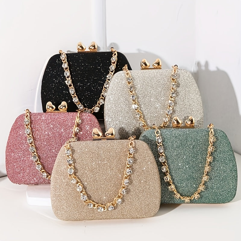 Shimmering Heart Glam Clutch Bag - Studded Chain & Metal Detail - Versatile Evening Wear for Banquets & Parties - Durable PU Material