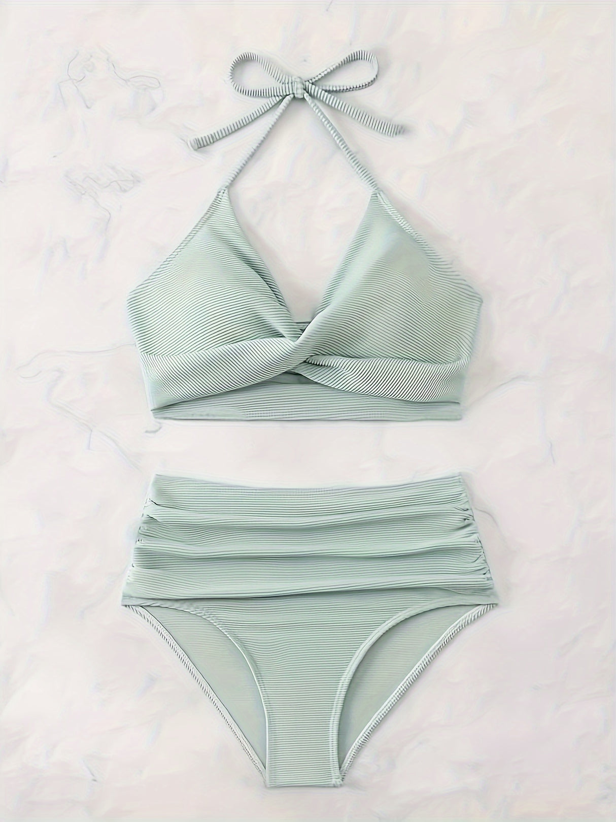 Elegant High-Waist Bikini Set with V-Neck Tie Detail - Stretchy, Non-Transparent Solid Color Swimsuit for Women