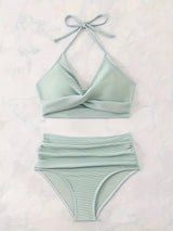 Elegant High-Waist Bikini Set with V-Neck Tie Detail - Stretchy, Non-Transparent Solid Color Swimsuit for Women