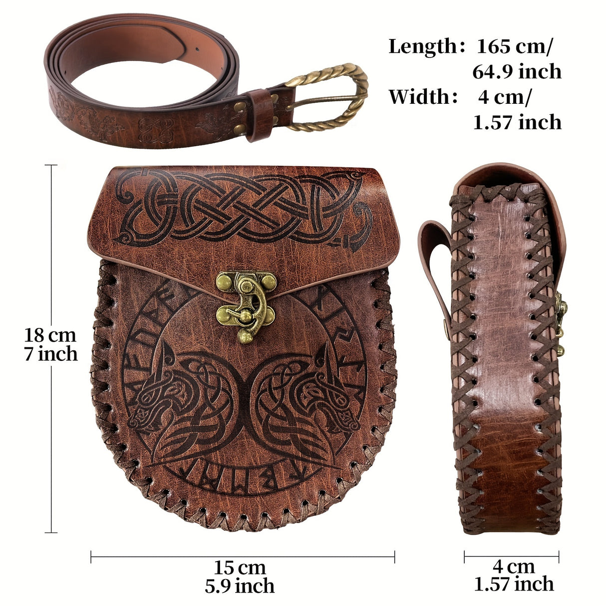 5Pcs Set Viking Fenrir Embossed Buckle Belt and Belt Bag with Viking Warrior Chest Armor and Viking Vegvisir Embossed Bracer, Retro Renaissance Faux Leather Warrior Set for Ren Faire