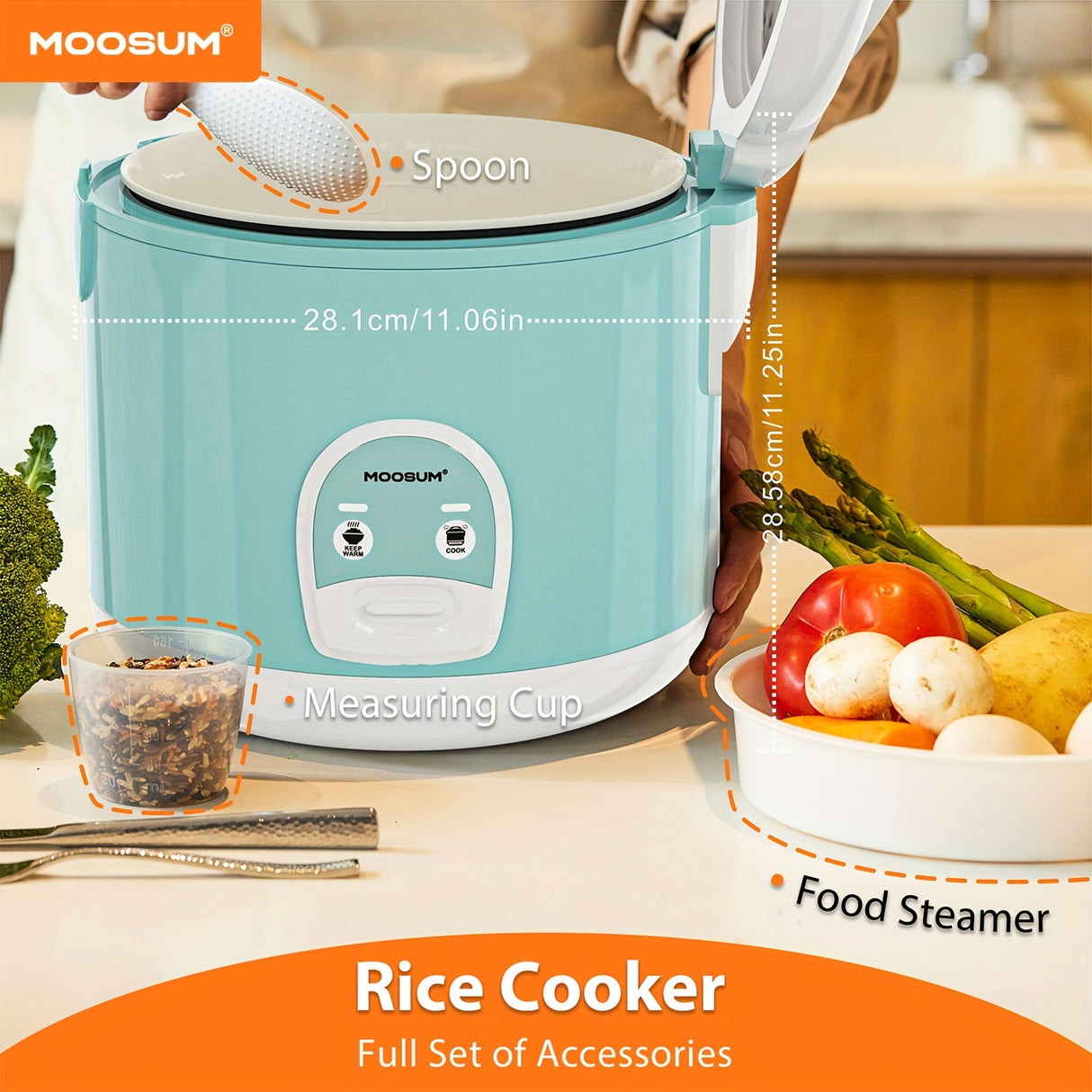 MOOSUM Electric Rice Cooker with One Touch for Asian Japanese Sushi Rice, 10-cup Uncooked/20-cup Cooked, Fast&Convenient Cooker with Steamer, Stainless Steel Housing and Auto Warmer