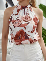 Elegant Sleeveless Floral Print Blouse - Halter Fashion For Spring & Summer - Women's Clothing