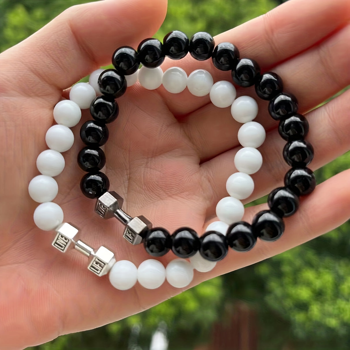 2pcs Men Dumbbell Decor Beaded Bracelets, Gift For Family And Friends, Holiday Birthday Gift For Boyfriends