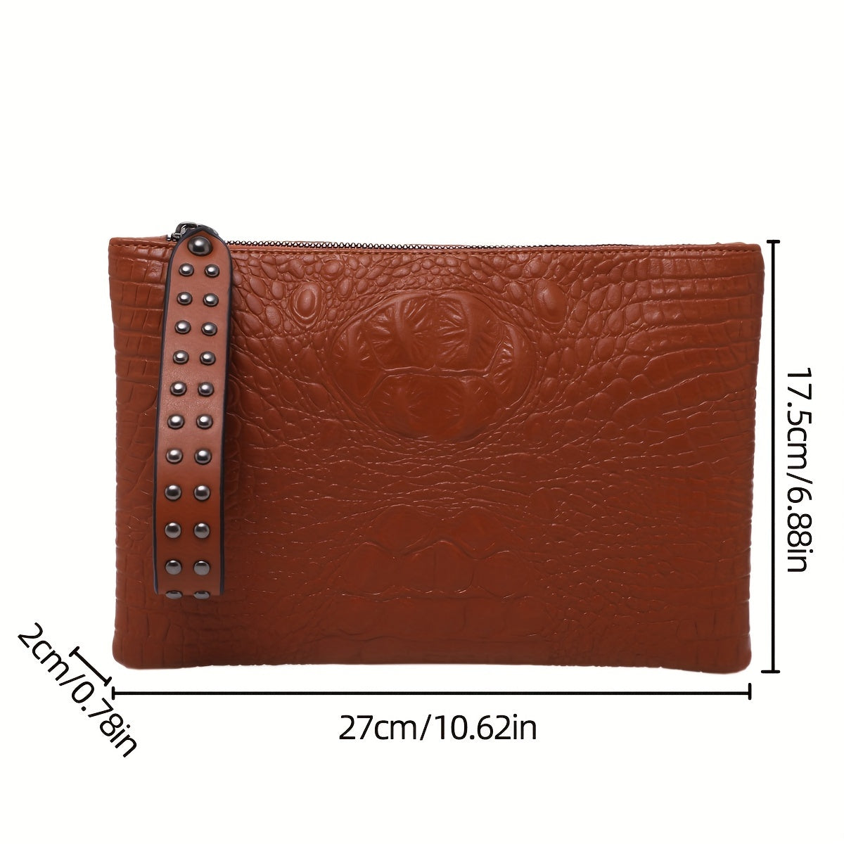 Crocodile Pattern Square Clutch Bag - Zipper Closure, Fixed Shoulder Straps, Animal Print PU Handbag with Polyester Lining and Wristlet - Fashionable Studded Decor for Women