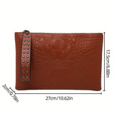 Crocodile Pattern Square Clutch Bag - Zipper Closure, Fixed Shoulder Straps, Animal Print PU Handbag with Polyester Lining and Wristlet - Fashionable Studded Decor for Women