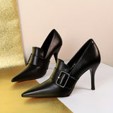 Lightweight Brown PU Stiletto Heels - Elegant Pointed Toe with Decorative Buckle Strap, Versatile Strappy Heels for Women All Seasons