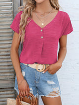 Womens Charming Solid Button Front Blouse - Casual V Neck, Short Sleeve, Perfect for Spring & Summer - Lightweight, Versatile, Ideal Everyday Style - Suitable for Multiple Occasions
