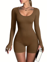 [Long Sleeve Workout Rompers] OQQ Women Yoga Rompers Ribbed Workout Long Sleeve Round Neck Exercise Jumpsuits Rompers
