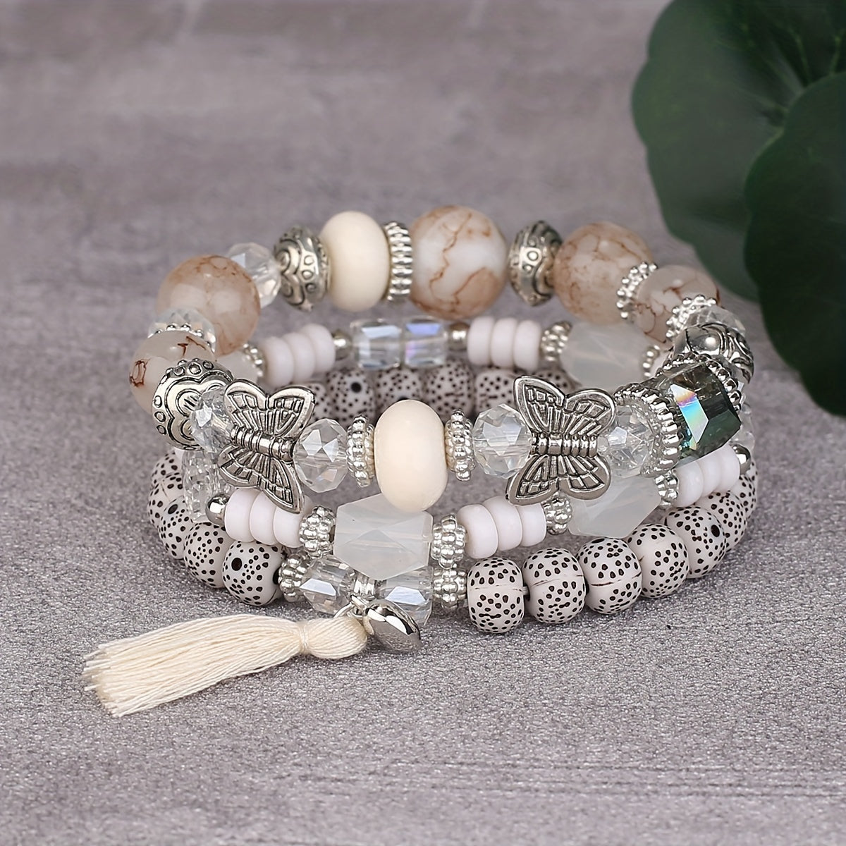 3pcs/set Vibrant Bohemian Butterfly Pendant Tassel Beaded Elastic Multi-Layer Acrylic Bracelets - Stylish Boho Accessories for Men and Women - Perfect Daily Decoration, Gift for Family, Friends, Boyfriends, and Girlfriends on