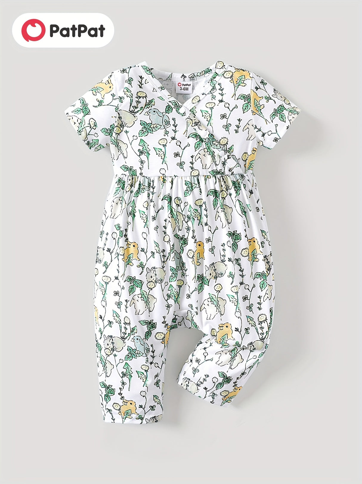 PatPat Baby Girl Cute All Over Rabbit Print/Solid Ribbed V Neck Short-sleeve Jumpsuit For Summer Outdoor Wear