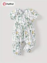 PatPat Baby Girl Cute All Over Rabbit Print/Solid Ribbed V Neck Short-sleeve Jumpsuit For Summer Outdoor Wear