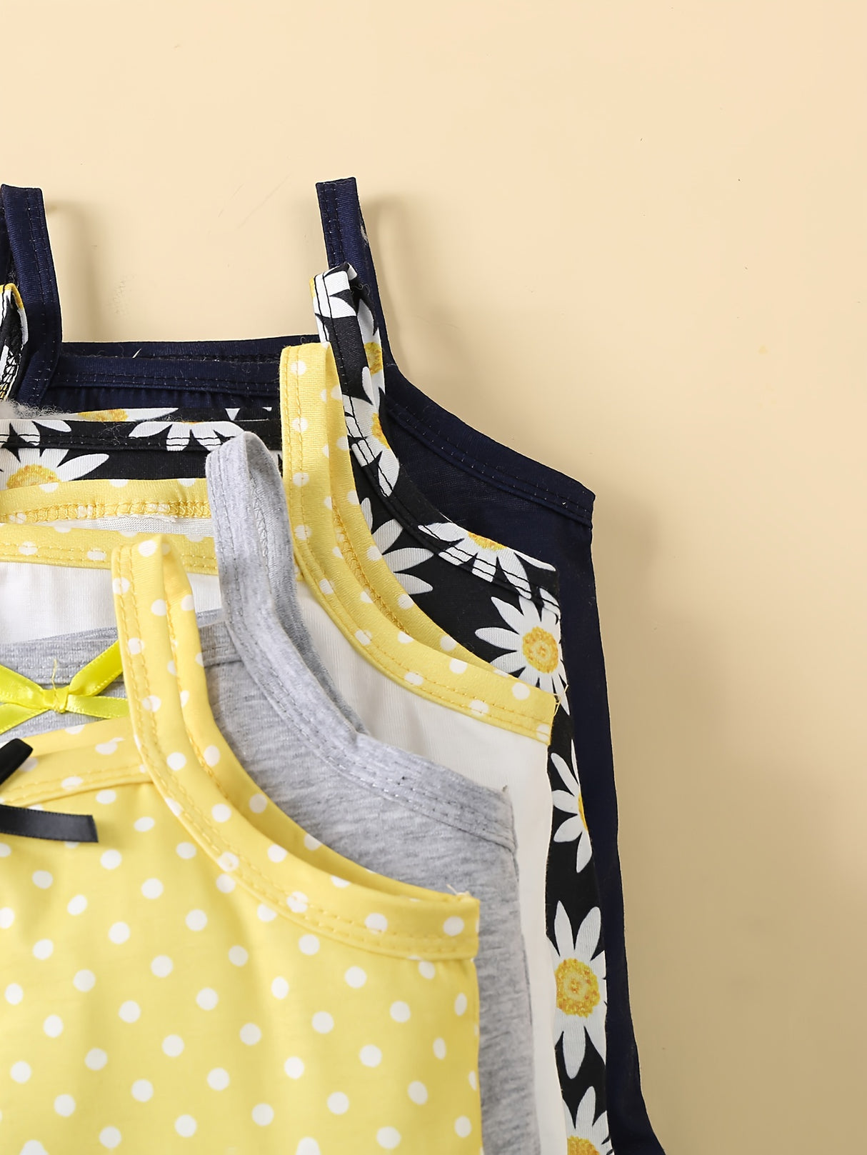 5pcs Adorable Baby Girl's Floral Romper Set - Soft Polyester & Elastane Blend, Machine Washable - Includes "Sunny Day" Daisy Tank Top, Gray Onesie with Bow, and Yellow Polka Dot Bodysuit with Suspenders, Baby Girl Clothes, Pe