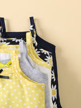 5pcs Adorable Baby Girl's Floral Romper Set - Soft Polyester & Elastane Blend, Machine Washable - Includes "Sunny Day" Daisy Tank Top, Gray Onesie with Bow, and Yellow Polka Dot Bodysuit with Suspenders, Baby Girl Clothes, Pe
