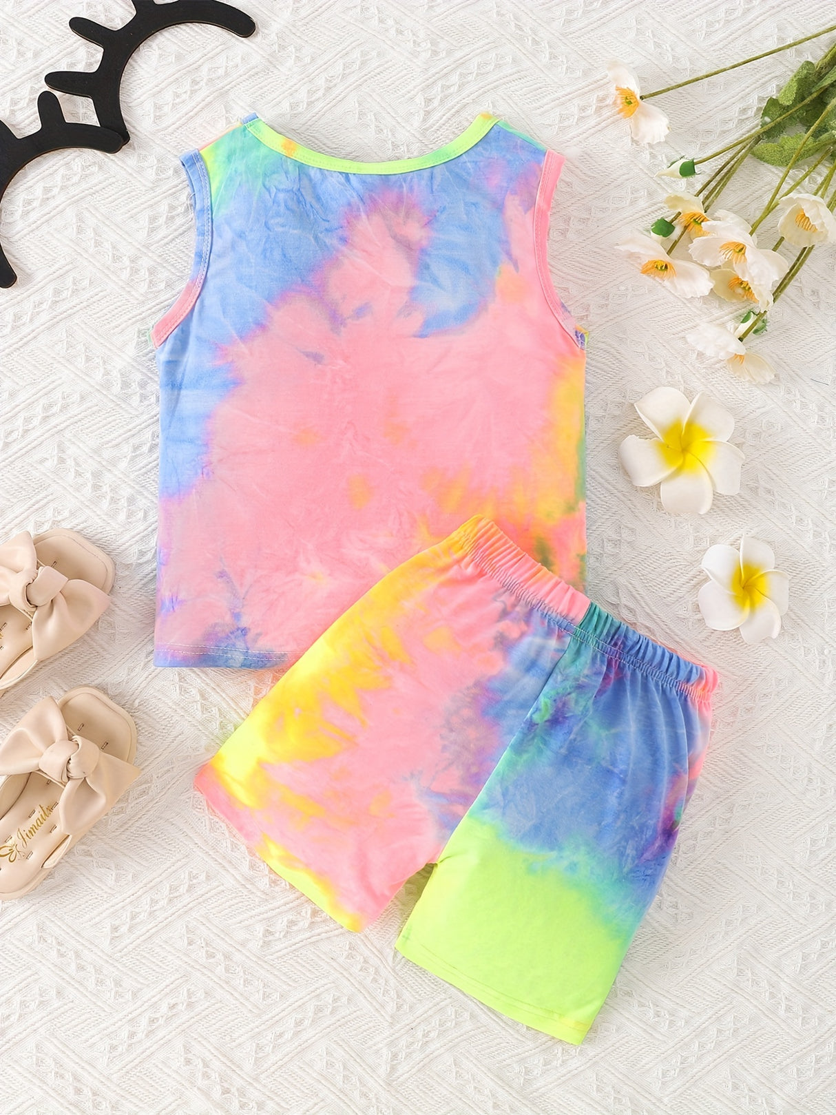 Girl's 2pcs Knotted Tank Top & Elastic Waist Shorts Set, Tie-dye Print Leggings, Casual Outfits, Kids Clothes For Summer