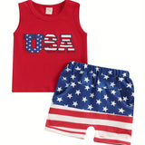 4th of July Toddler Boys Outfits Fuzzy Letter Embroidered Tank Tops and Stripe Stars Print Shorts 2pcs Clothes Set, Perfect for Outdoor