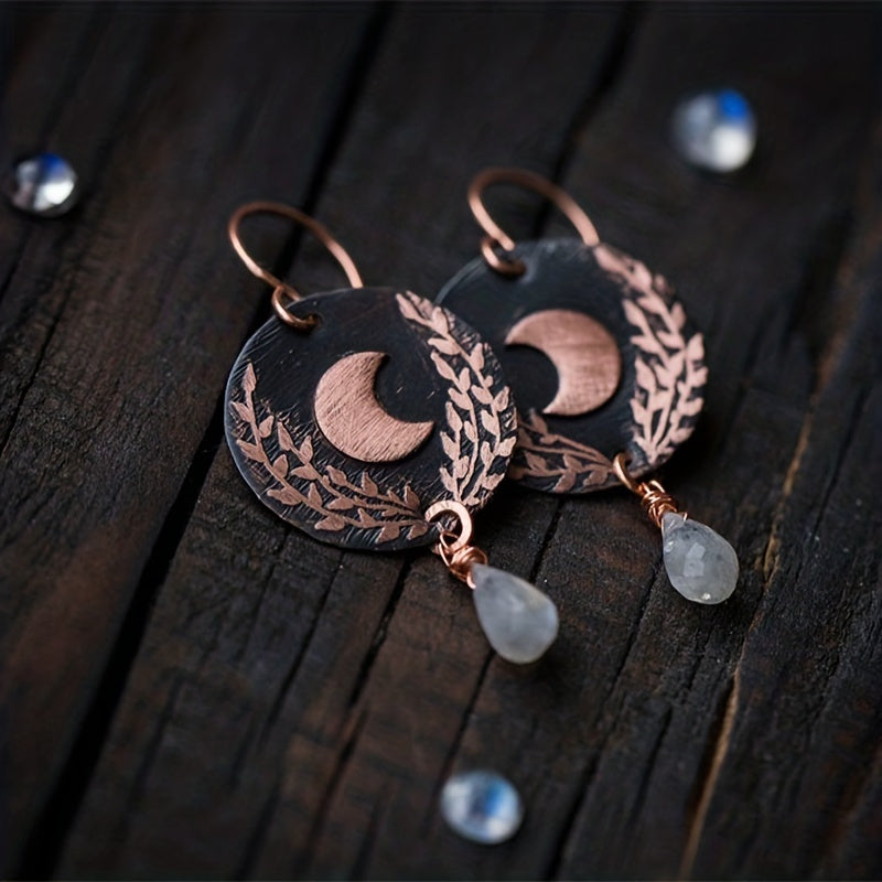 Vintage-Inspired Moonstone Dangle Earrings - Golden Leaf & Moon Pattern, Bohemian Style, Ladies' Gift, Hypoallergenic, Nickel-Free, Durable, Easy to Match, Perfect for Any Occasion