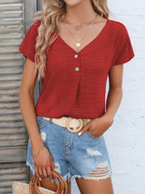 Womens Charming Solid Button Front Blouse - Casual V Neck, Short Sleeve, Perfect for Spring & Summer - Lightweight, Versatile, Ideal Everyday Style - Suitable for Multiple Occasions