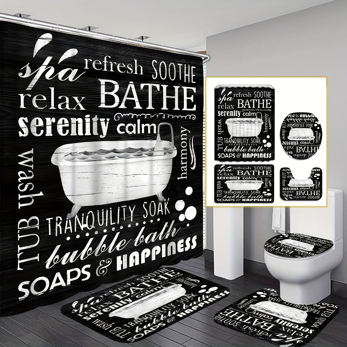 4-Piece Bathroom Shower Curtain Set - Complete Bathroom Essentials Bundle with Waterproof Shower Curtain, Non-Slip Toilet Floor Mat, Stylish Bathroom Decor, and Easy-to-Install 12 Shower Curtain Hooks - Perfect Gift for Frien