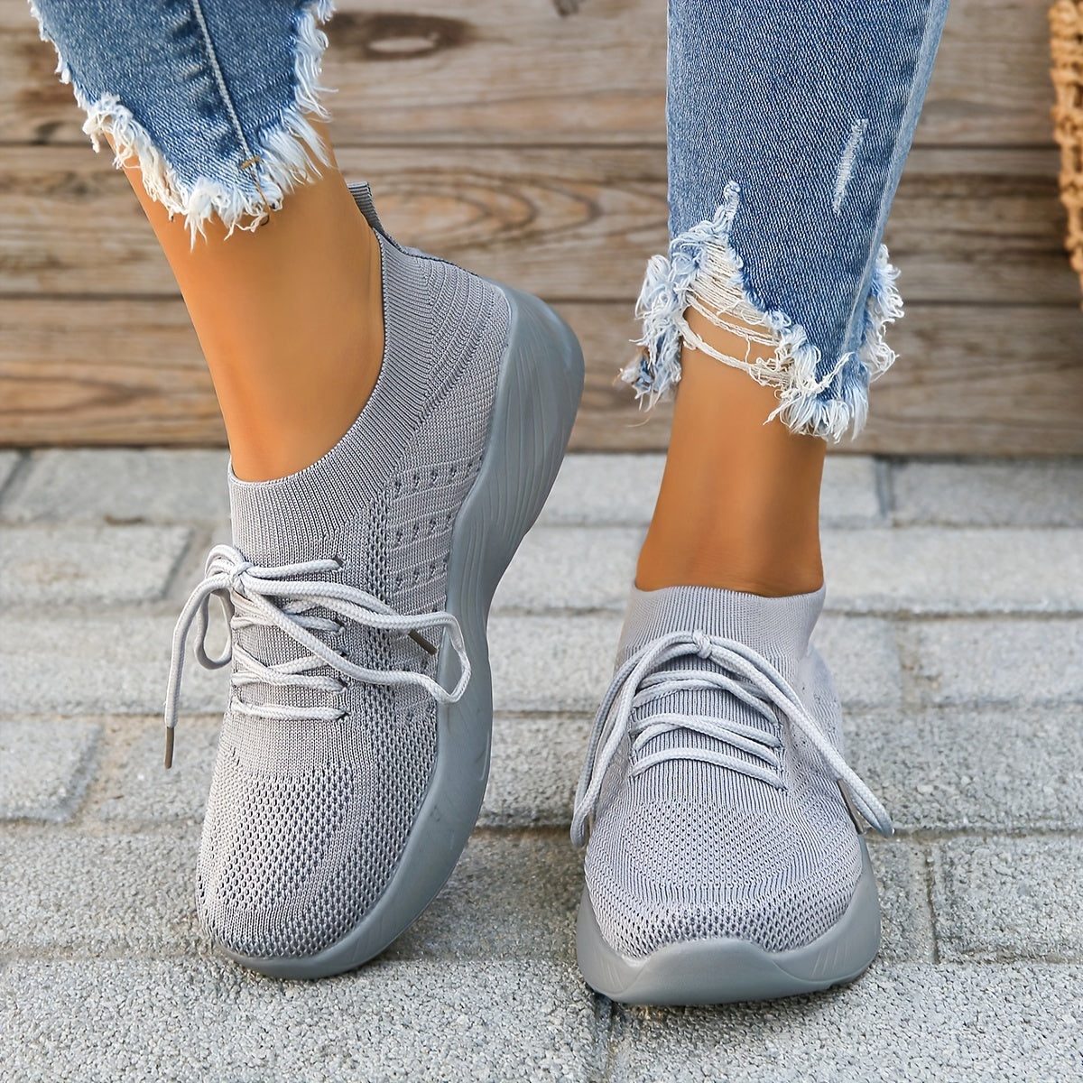 Women's Knit Sports Shoes, Solid Color Lace Up Low Top Running Shoes, Casual Outdoor Sneakers