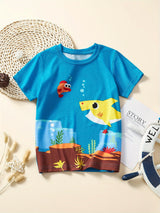 Cartoon Fish And Shark Print Boys Creative T-shirt, Casual Lightweight Comfy Short Sleeve Tee Tops, Boys Clothes For Summer