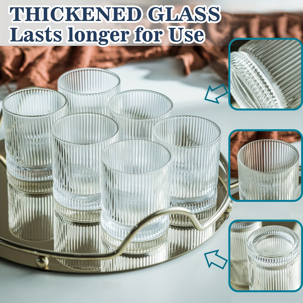 12Pcs, Ribbed Glasses, Drinking Glass Set, Vintage Glassware for Kitchen, Old Fashioned Whiskey Tumblers, Perfect for Juice, Cocktails, and Beverages