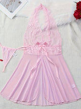 Elegant V-Neck Lace Halter Sleep Dress for Women - Sexy, Semi-Sheer Straight Skirt Nightgown with Micro Elasticity, Perfect for All Seasons