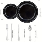 150 Pcs Black Silver Plastic Plates & Silver Plastic Silverware, Black Silver Disposable Plates for Party Include: 30 Dinner Plates 10.25 inch, 30 Dessert Plates 7.5 inch, 30 Knives, 30 Forks, 30 Spoons for Party