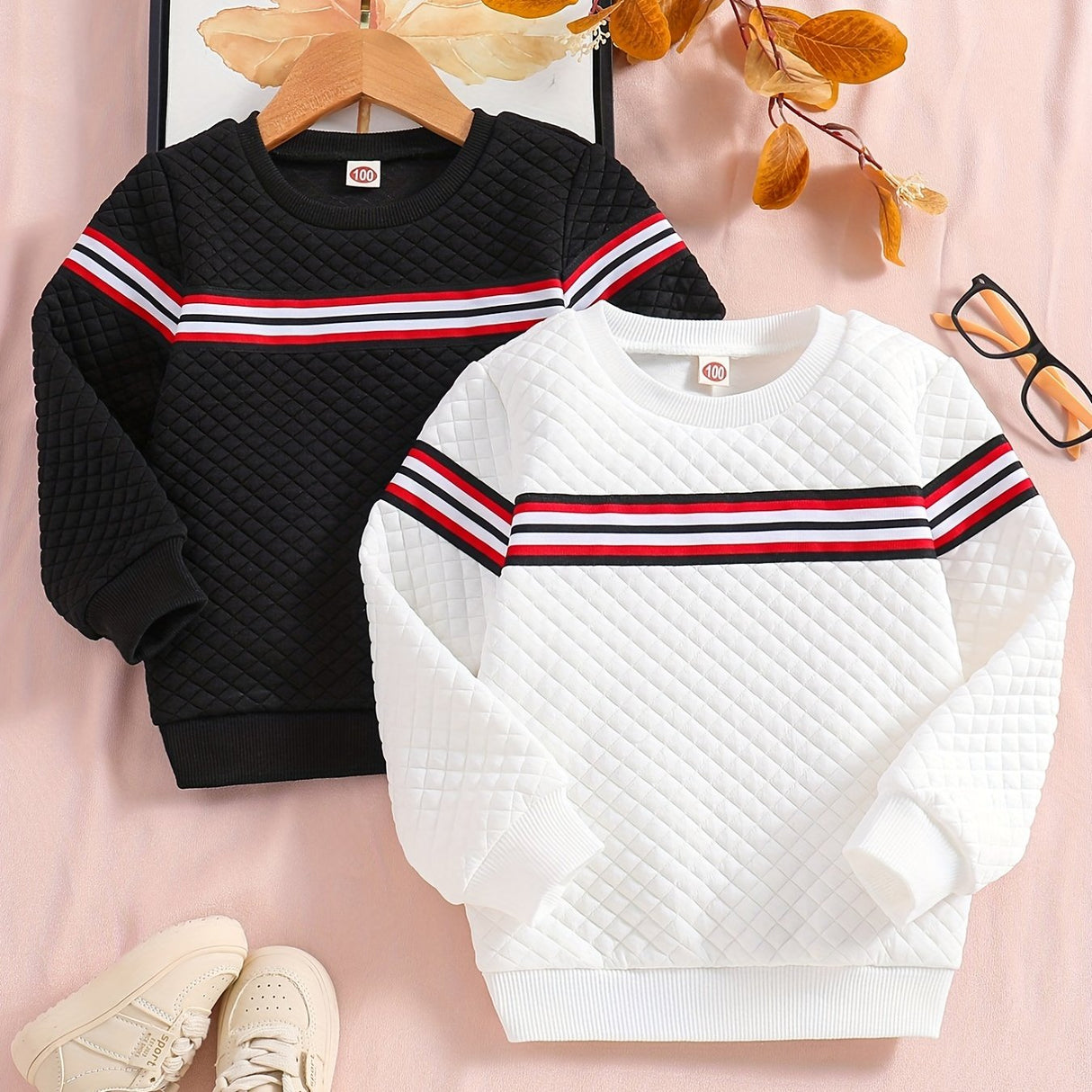 2pcs Boys Casual Striped Creative Textured Pullover Sweatshirt, Long Sleeve Crew Neck Tops, Kids Clothes Outdoor