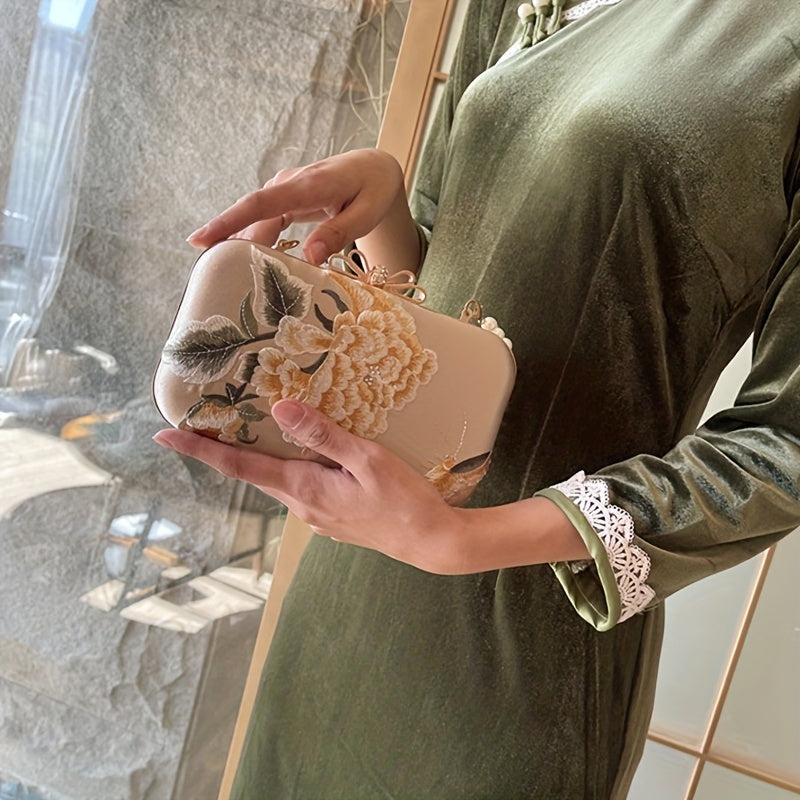 Flower Embroidery Pearl Chain Clutch Bag, Elegent Textured Metal Frame Bag, Classic Celebrity Dinner Evening Bag