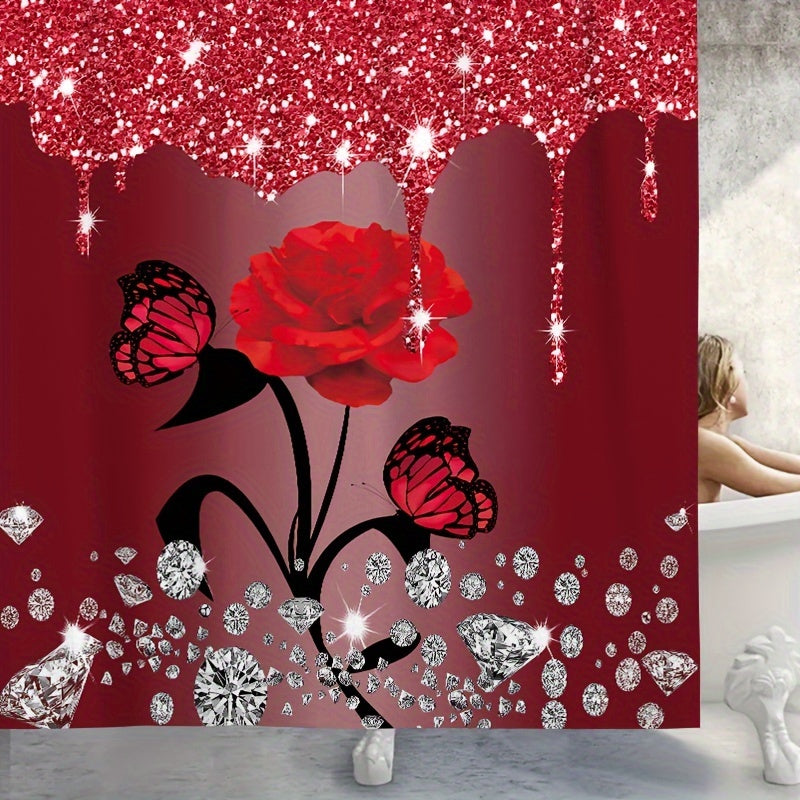 1/3/4pcs Diamond Butterfly Rose Pattern Shower Curtain Set - Waterproof, Non-Slip, Decorative Bathroom Essentials with Bath Mat, Toilet Cover Pad, U-Shaped Mat, and Hooks - Complete Home Bathroom Decor Solution