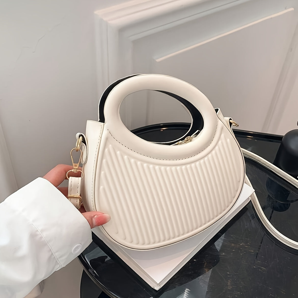 Chic Black Embossed Stripe Crossbody Bag for Women - Elegant Synthetic Leather Handbag with Golden-Tone Hardware, Versatile Shoulder Purse for Everyday Use, Versatile Shoulder Bag | Chic Stripe Design | Luxury Look Purse