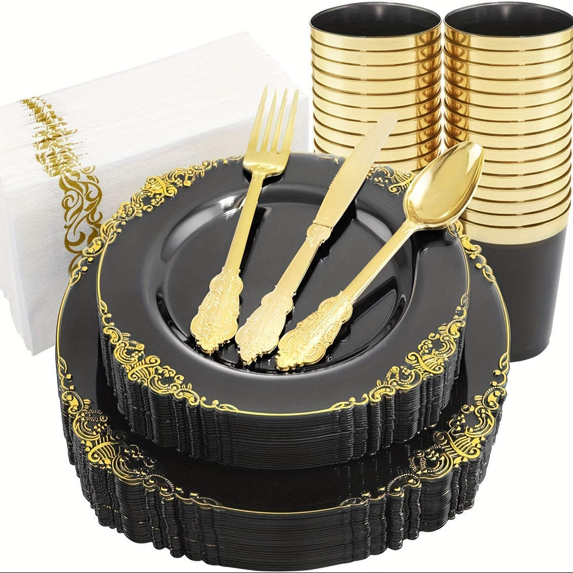 350PCS Black and Gold - Blue and Gold - Rose and Gold Plastic Plates - Black - Blue -Rose Plastic Dinnerware Sets for 50 Guests - 100 Black - Blue -Rose Disposable Plates, 150 Gold Plastic Silverware, 50 Cups, 50 Napkins for