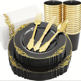 350PCS Black and Gold - Blue and Gold - Rose and Gold Plastic Plates - Black - Blue -Rose Plastic Dinnerware Sets for 50 Guests - 100 Black - Blue -Rose Disposable Plates, 150 Gold Plastic Silverware, 50 Cups, 50 Napkins for