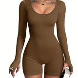 [Long Sleeve Workout Rompers] OQQ Women Yoga Rompers Ribbed Workout Long Sleeve Round Neck Exercise Jumpsuits Rompers