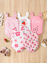 5pcs Baby Girls' Summer Rompers | Cute Fruit & Floral Print with Ruffled Straps | Soft Knit Fabric, Elastane & Polyester Blend | Button Closure | Multi-Color Pastel Yellow & White | Ideal for Playful Infants, Baby Girl Clothe