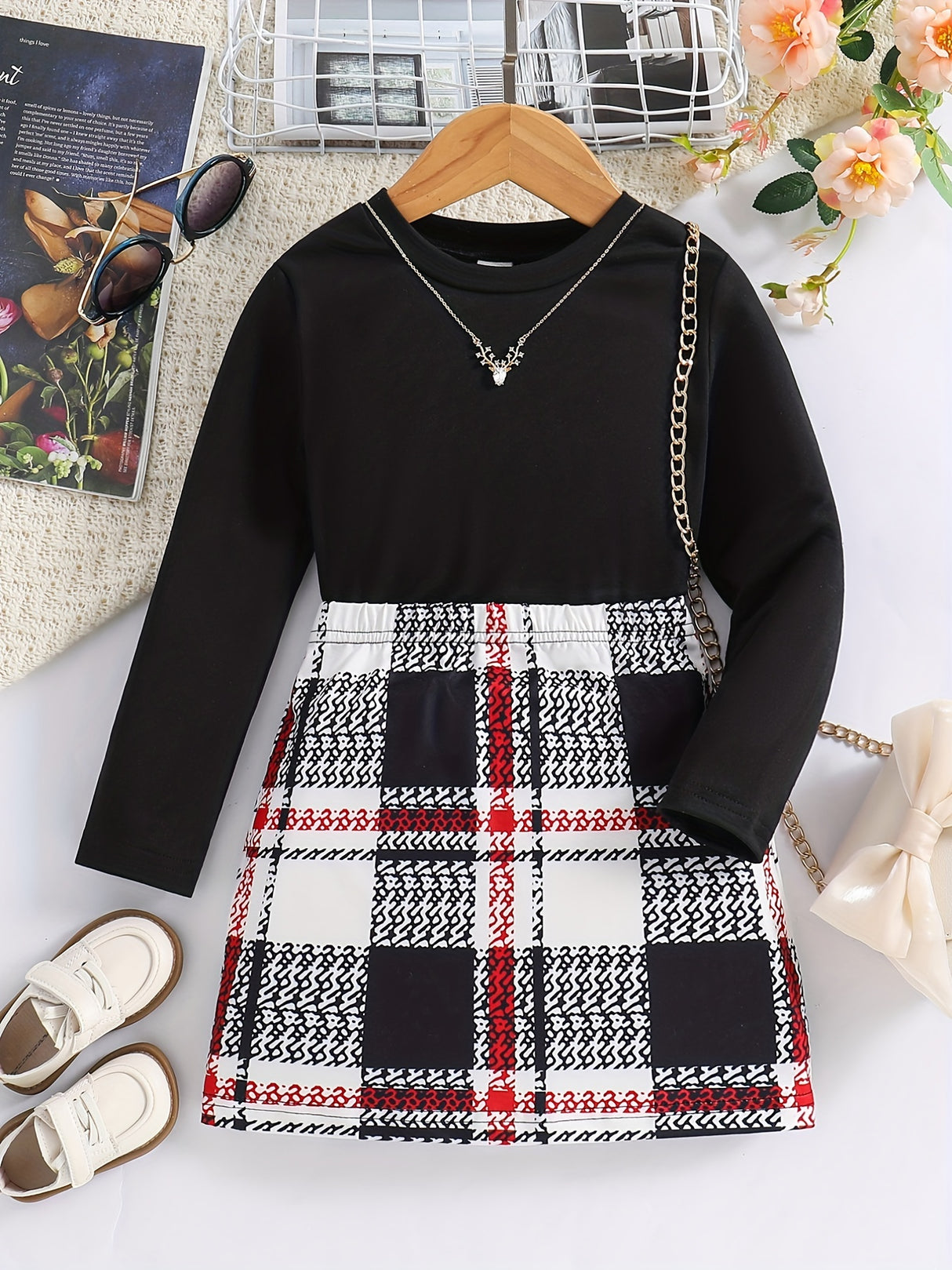 2pc Toddler Girls Solid Crew Neck Long Sleeve Pullover Top & Plaid Skirt Comfy Outfits Kids Clothes For Fall