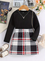 2pc Toddler Girls Solid Crew Neck Long Sleeve Pullover Top & Plaid Skirt Comfy Outfits Kids Clothes For Fall