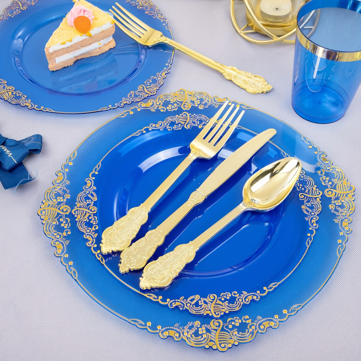 350PCS Blue Plastic Plates - Blue Plastic Dinnerware Sets for 50 Guests - 100 Blue Disposable Party Plates, 150Gold Plastic Silverware, 50Cups, 50Napkins for Wedding & Party