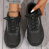 Women's Black Non-slip Sneakers, Casual Lace Up Faux Leather Running Shoes, Lightweight Outdoor Jogging Shoes