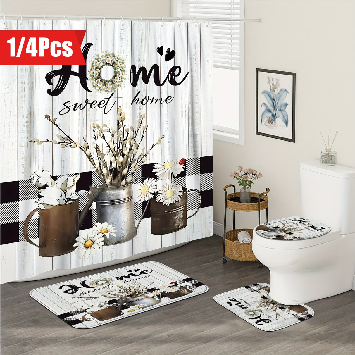 1/4pcs Deluxe White Daisy Pattern Shower Curtain Set - Bathroom Essentials with Non-Slip Mat, U-Shaped Toilet Mat, and 12 Hooks - Complete Bathroom Decor Solution