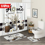 1/4pcs Deluxe White Daisy Pattern Shower Curtain Set - Bathroom Essentials with Non-Slip Mat, U-Shaped Toilet Mat, and 12 Hooks - Complete Bathroom Decor Solution