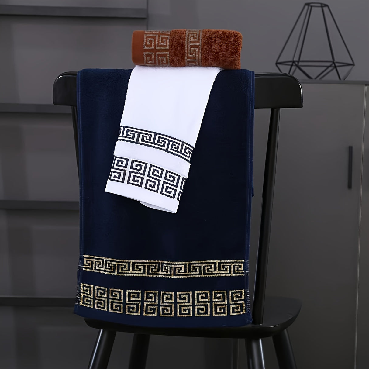 3-Piece Cotton Towel Set - Contemporary Embroidered Design, Super Absorbent Knit Fabric Bath and Hand Towels, Space-Themed 400 GSM Luxury Bathroom Essentials (1 Bath Towel, 2 Hand Towels)